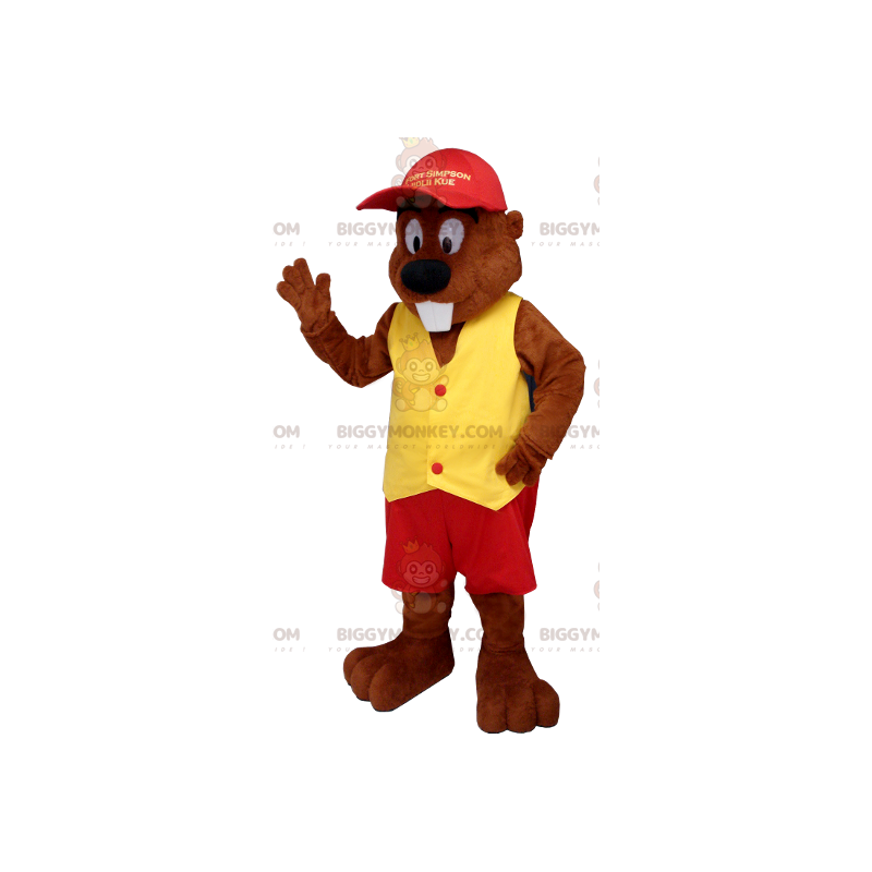 Traje de mascote de castor BIGGYMONKEY™ vestido de vermelho e