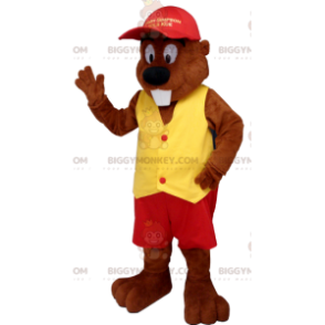 Costume de mascotte BIGGYMONKEY™ de castor habillé en rouge et