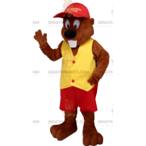 Traje de mascote de castor BIGGYMONKEY™ vestido de vermelho e