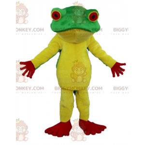 Costume de mascotte BIGGYMONKEY™ de grenouille jaune rouge et