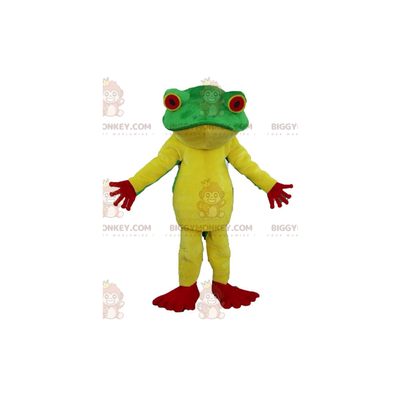 Costume de mascotte BIGGYMONKEY™ de grenouille jaune rouge et