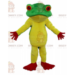 Traje de mascote de sapo amarelo vermelho e verde BIGGYMONKEY™