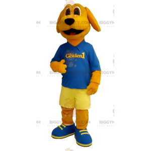 Oranje hond BIGGYMONKEY™ mascottekostuum gekleed in blauw en