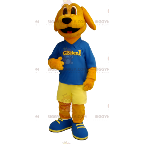 Disfraz de mascota Orange Dog BIGGYMONKEY™ vestido de azul y