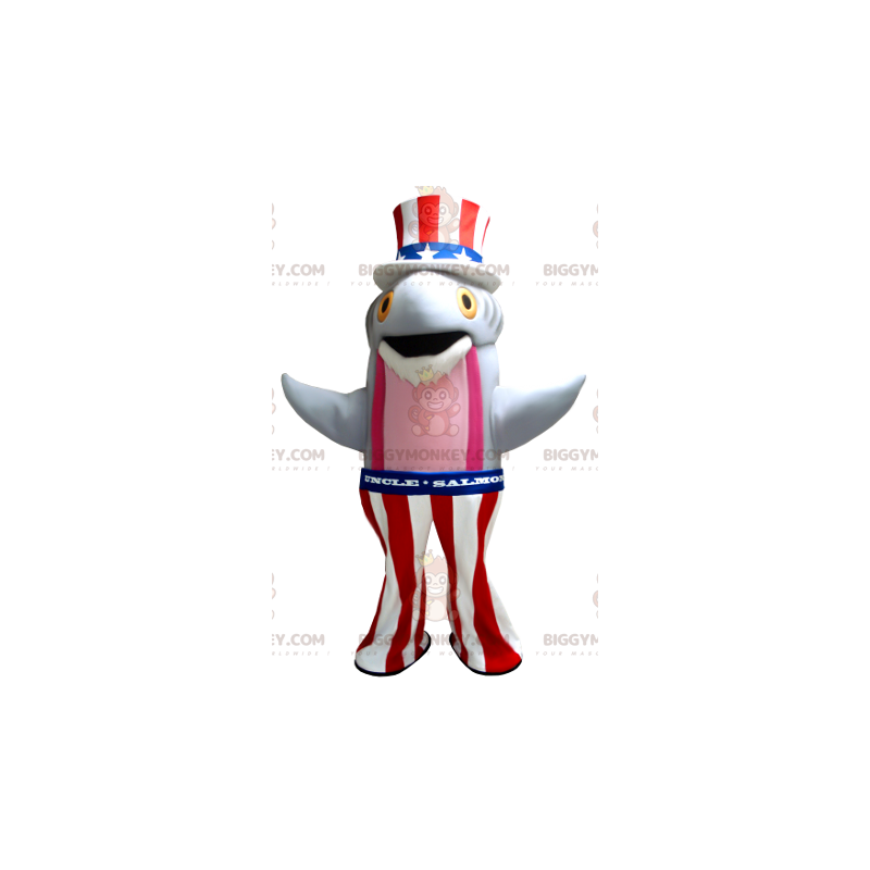 Grå och rosa fisklax BIGGYMONKEY™ maskotdräkt i amerikansk