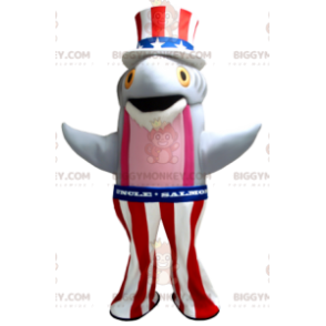 Grå och rosa fisklax BIGGYMONKEY™ maskotdräkt i amerikansk