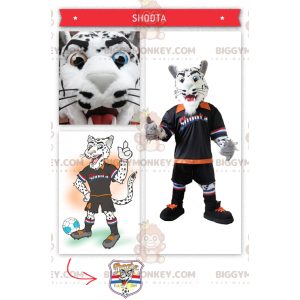 Vit och svart tiger BIGGYMONKEY™ maskotdräkt med fotbollsdräkt