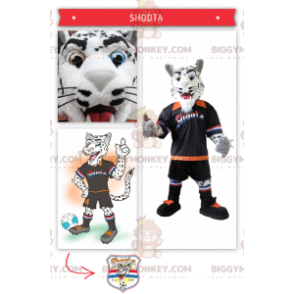 Vit och svart tiger BIGGYMONKEY™ maskotdräkt med fotbollsdräkt