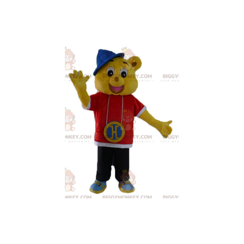 Costume de mascotte BIGGYMONKEY™ d'ours jaune habillé en tenue