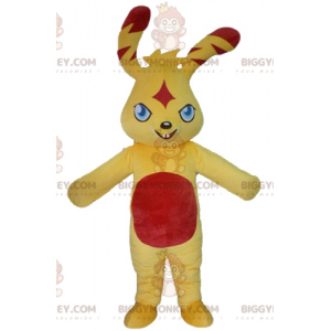 Colorido y original disfraz de mascota conejo amarillo y rojo