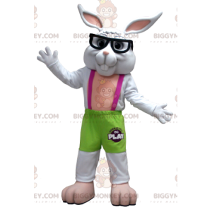 Groen en roze wit konijn BIGGYMONKEY™ mascottekostuum met bril