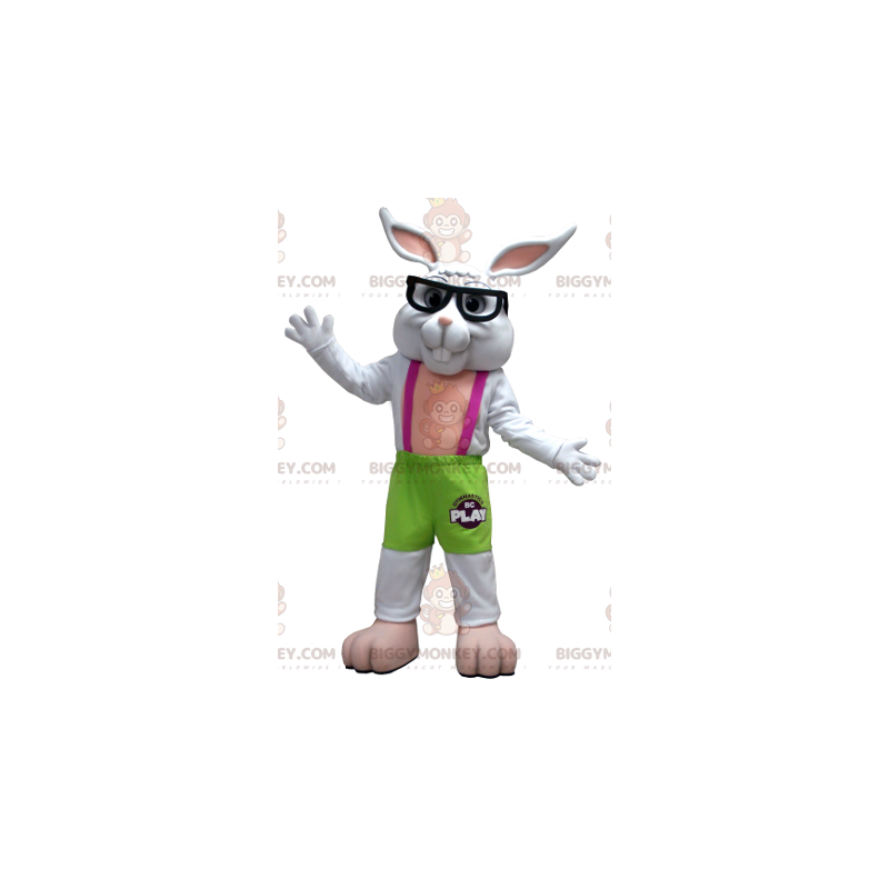Groen en roze wit konijn BIGGYMONKEY™ mascottekostuum met bril