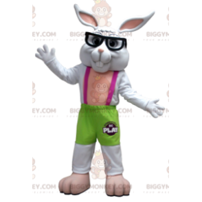 Costume mascotte BIGGYMONKEY™ coniglio bianco verde e rosa con