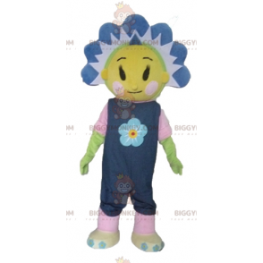 Costume de mascotte BIGGYMONKEY™ de jolie fleur jaune et bleue