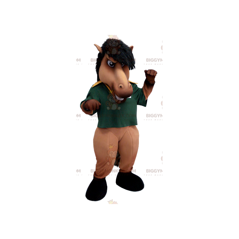 Brun och svart häst BIGGYMONKEY™ maskotdräkt med grön pikétröja
