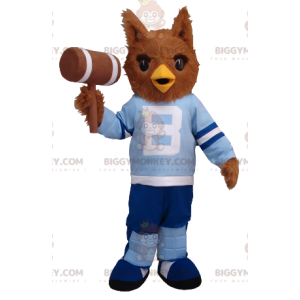 BIGGYMONKEY™ Mascot Costume of Brown Owl in Blue Outfit -