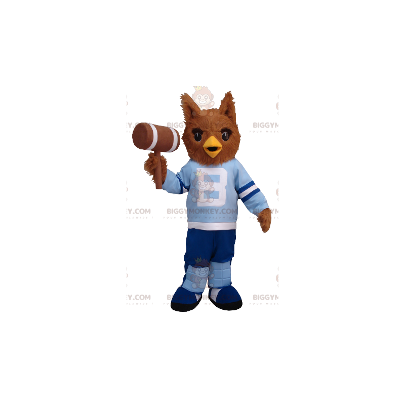 Costume de mascotte BIGGYMONKEY™ de hibou marron en tenue bleue