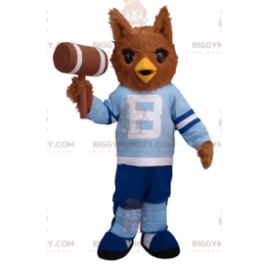 Costume de mascotte BIGGYMONKEY™ de hibou marron en tenue bleue