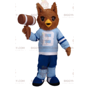 Traje de mascote BIGGYMONKEY™ de coruja marrom com roupa azul –