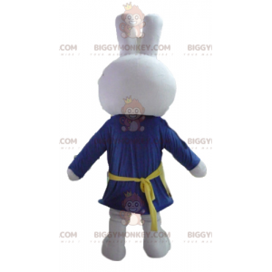 Hvid kanin BIGGYMONKEY™ maskotkostume klædt i blåt med forklæde