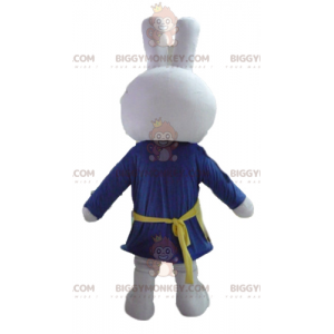 Traje de mascote de coelho branco BIGGYMONKEY™ vestido de azul