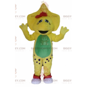 Traje de mascote de dinossauro amarelo verde e vermelho