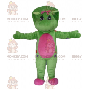 Costume della mascotte del dinosauro gigante verde e rosa