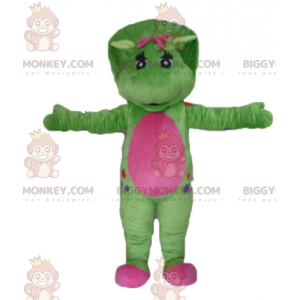 Kæmpe grøn og lyserød dinosaur BIGGYMONKEY™ maskotkostume -