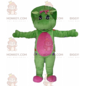 Costume della mascotte del dinosauro gigante verde e rosa
