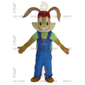 Brown Bunny BIGGYMONKEY™ Mascot Costume With Nice Blue Overalls