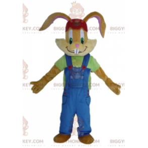 Brown Bunny BIGGYMONKEY™ Mascot Costume With Nice Blue Overalls