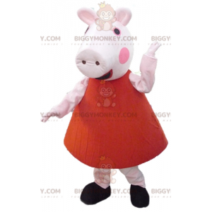 Disfraz de mascota BIGGYMONKEY™ Cerdo rosa con vestido rojo -