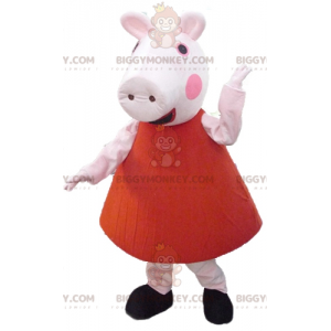 Kostým maskota BIGGYMONKEY™ Růžové prase v červených šatech –
