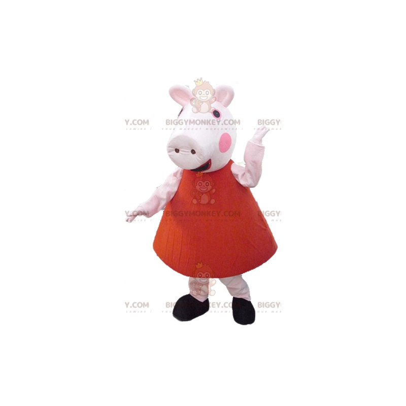 BIGGYMONKEY™ Maskottchenkostüm Rosa Schwein im roten Kleid -