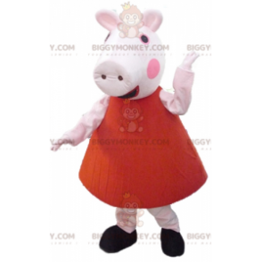 Costume de mascotte BIGGYMONKEY™ de cochon rose en robe rouge -