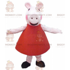 BIGGYMONKEY™ Maskottchenkostüm Rosa Schwein im roten Kleid -