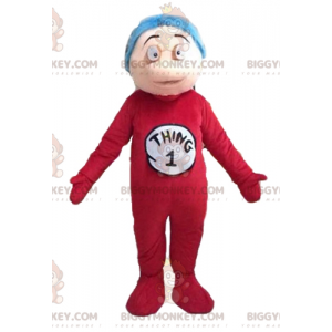 Boy BIGGYMONKEY™ Mascot Costume in Red Jumpsuit and Blue Hair –