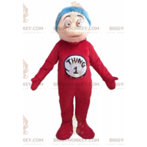 Boy BIGGYMONKEY™ Mascot Costume in Red Jumpsuit and Blue Hair –
