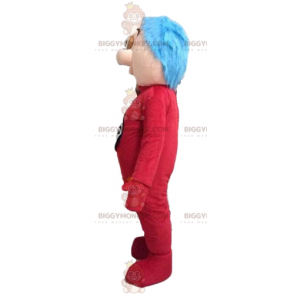 Boy BIGGYMONKEY™ Mascot Costume in Red Jumpsuit and Blue Hair -