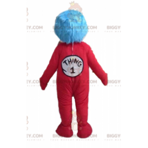 Boy BIGGYMONKEY™ Mascot Costume in Red Jumpsuit and Blue Hair –