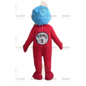 Dreng BIGGYMONKEY™ maskotkostume i rød jumpsuit og blåt hår -