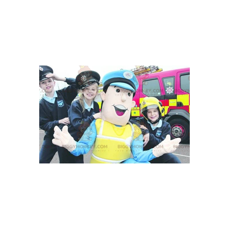 Poliisi BIGGYMONKEY™ maskottiasu sinisessä ja keltaisessa