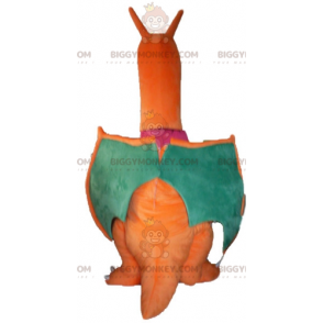 Traje de mascote gigante laranja verde e amarelo dragão