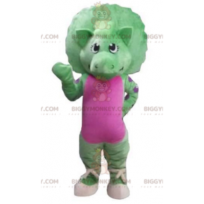 Traje de mascote de dinossauro gigante verde e rosa
