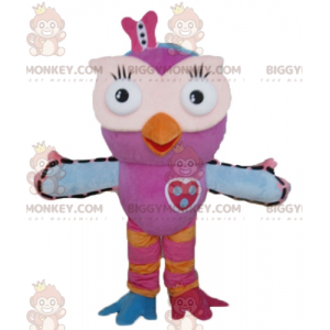 Costume de mascotte BIGGYMONKEY™ de hibou rose orange et bleu