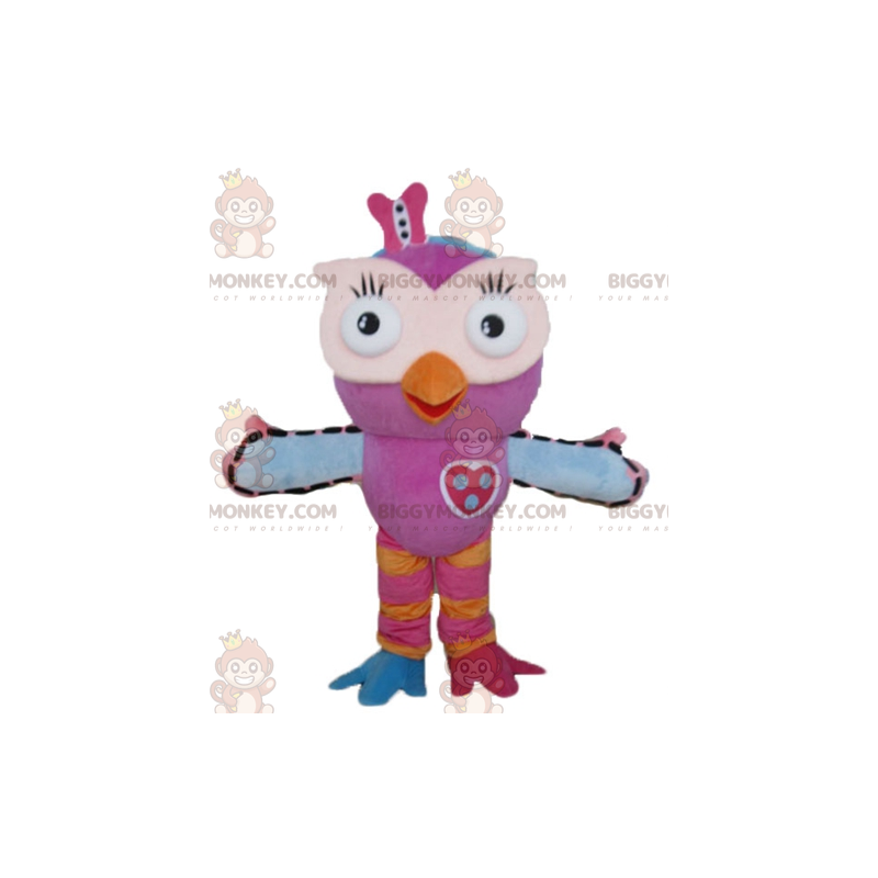 Costume da mascotte BIGGYMONKEY™ gufo rosa arancione e blu