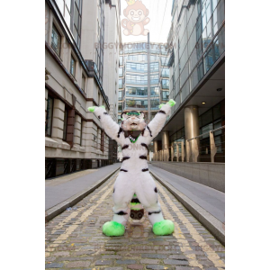 BIGGYMONKEY™ White Black and Green Furry Cat Mascot Costume –