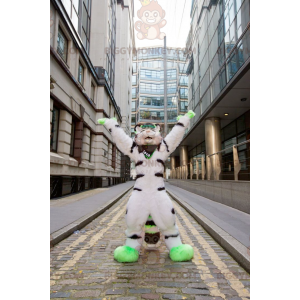 Traje de mascote de gato peludo branco preto e verde