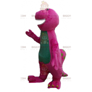 Fantasia de mascote de dinossauro gigante gorducho rosa e verde