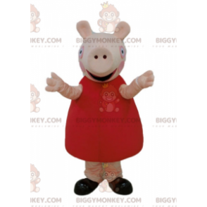 Traje de Mascote BIGGYMONKEY™ Porco Rosa com Vestido Vermelho –